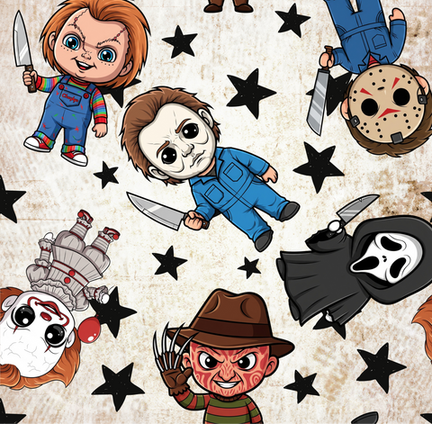A repeating cartoon-style pattern featuring horror character illustrations on a distressed beige background, including a child version of Chucky, Michael Myers, Jason Voorhees, Freddy Krueger, and others with black stars.