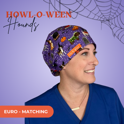 Howl-O-Ween Hounds  - Scrub Cap - rae & grace - Euro - Matching Top
