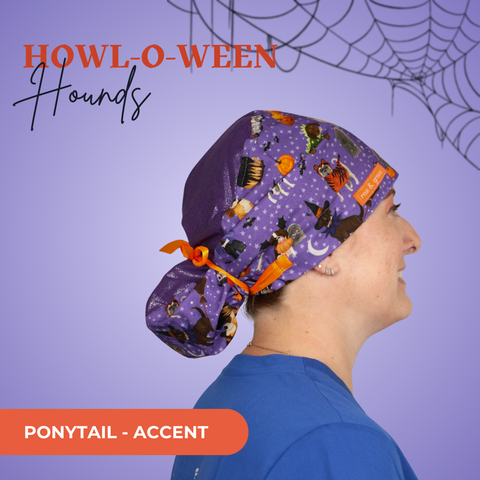 Howl-O-Ween Hounds  - Scrub Cap - rae & grace - Ponytail - Accent Top