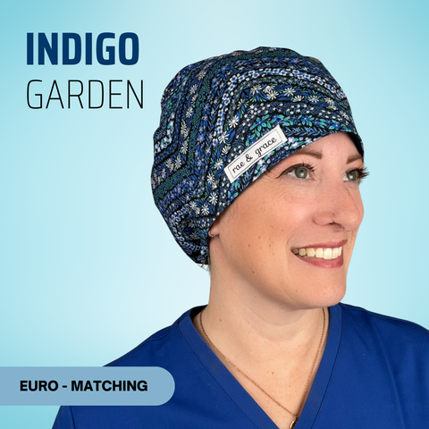 Indigo Garden - Scrub Cap - rae & grace - Euro - Matching Top