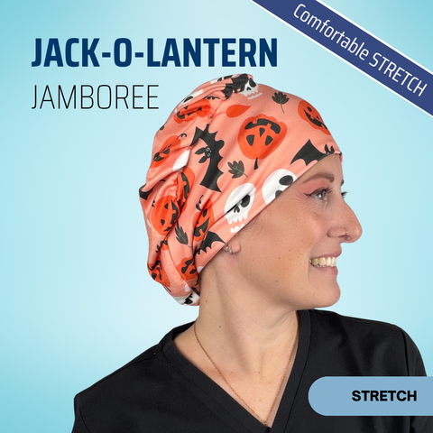 Jack-O'-Lantern Jamboree - Scrub Cap - rae & grace - Skull Cap - *Made to order