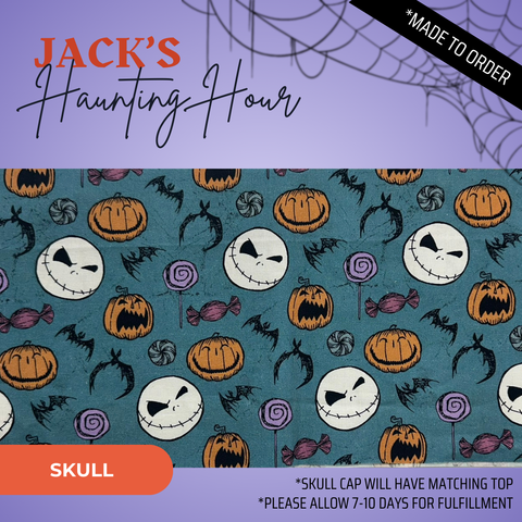 Jack’S Haunting Hour  - Scrub Cap - rae & grace - Skull Cap - Made to order Please allow 7-10 days for fulfillment.