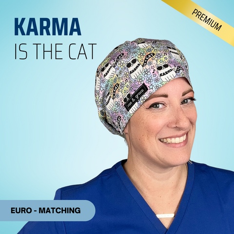 Karma Is The Cat - Scrub Cap - rae & grace - Euro - Matching Top