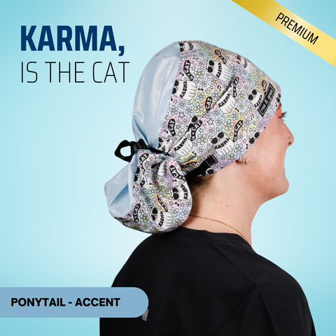 Karma Is The Cat - Scrub Cap - rae & grace - Ponytail - Accent Top