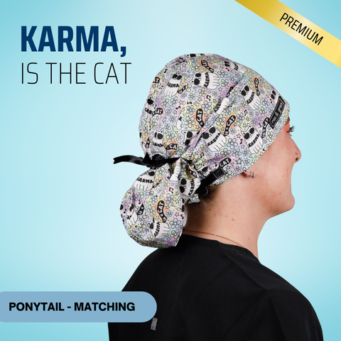 Karma Is The Cat - Scrub Cap - rae & grace - Ponytail - Matching Top