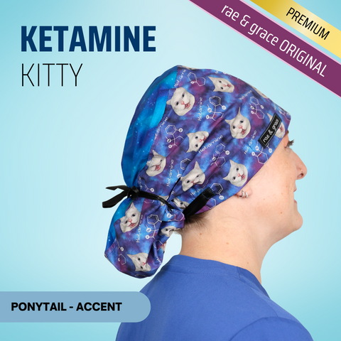 Ketamine Kitty - Scrub Cap - rae & grace - Ponytail - Accent Top