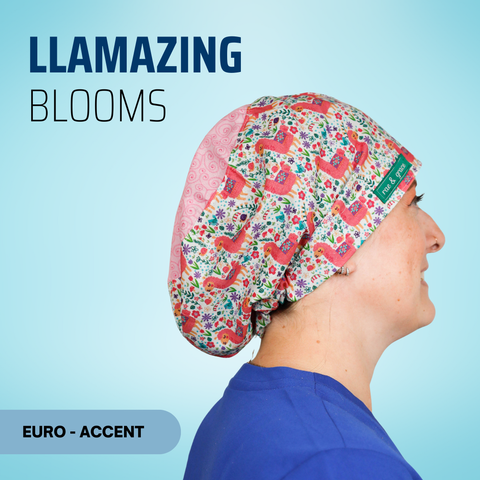 Llamazing Blooms - Scrub Cap - rae & grace - Euro - Accent Top