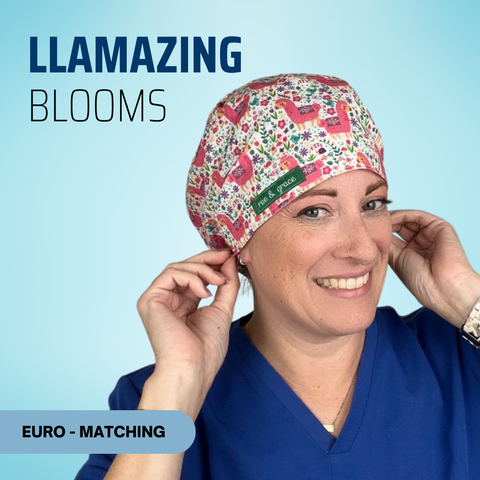 Llamazing Blooms - Scrub Cap - rae & grace - Euro - Matching Top