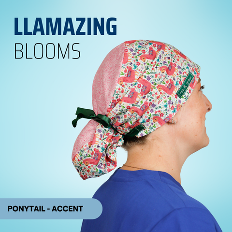 Llamazing Blooms - Scrub Cap - rae & grace - Ponytail - Accent Top