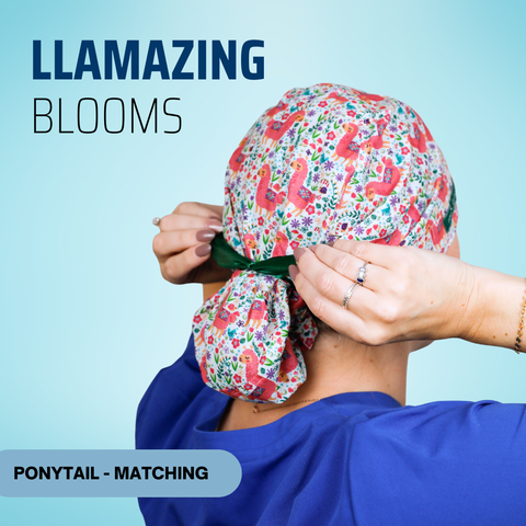Llamazing Blooms - Scrub Cap - rae & grace - Ponytail - Matching Top