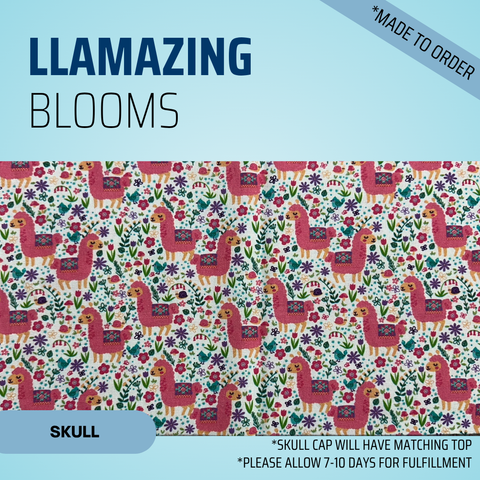 Llamazing Blooms - Scrub Cap - rae & grace - Skull Cap - Made to order Please allow 7-10 days for fulfillment.