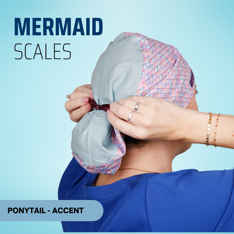 Mermaid Scales - Scrub Cap - rae & grace - Ponytail - Accent Top