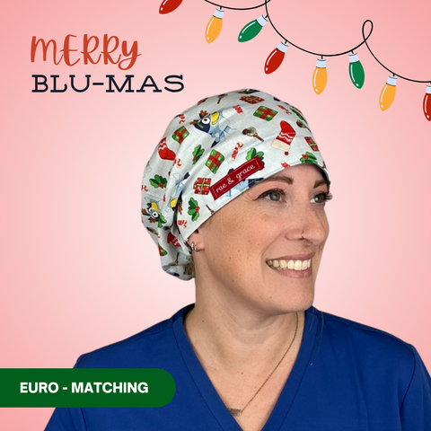 Merry Blue-Mas - Scrub Cap - rae & grace - Euro - Matching Top