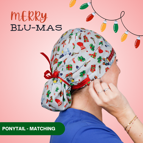 Merry Blue-Mas - Scrub Cap - rae & grace - Ponytail - Matching Top