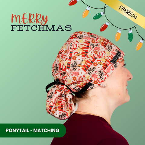 Merry Fetchmas - Scrub Cap - rae & grace - Ponytail - Matching Top