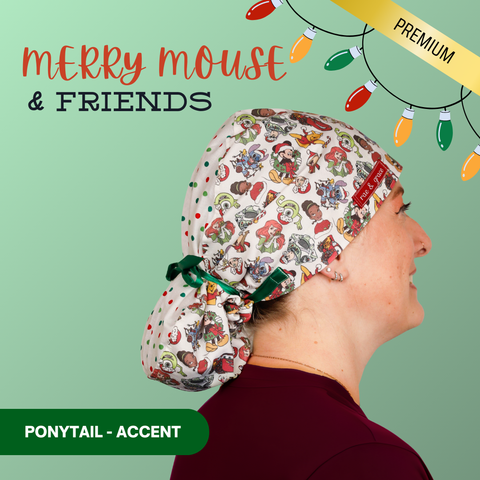 Merry Mouse & Friends - Scrub Cap - rae & grace - Ponytail - Accent Top