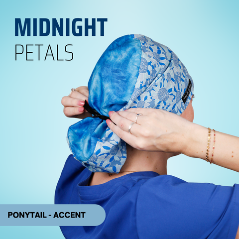 Midnight Petals - Scrub Cap - rae & grace - Ponytail - Accent Top