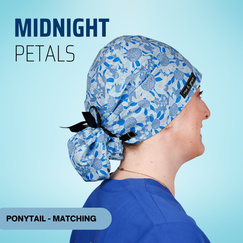 Midnight Petals - Scrub Cap - rae & grace - Ponytail - Matching Top