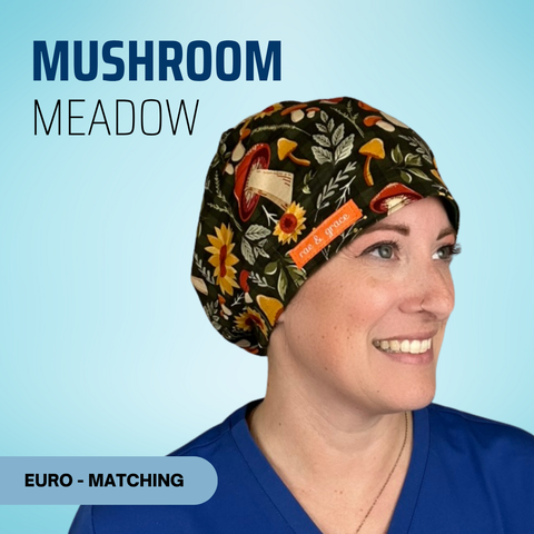 Mushroom Meadow - Scrub Cap - rae & grace - Euro - Matching Top