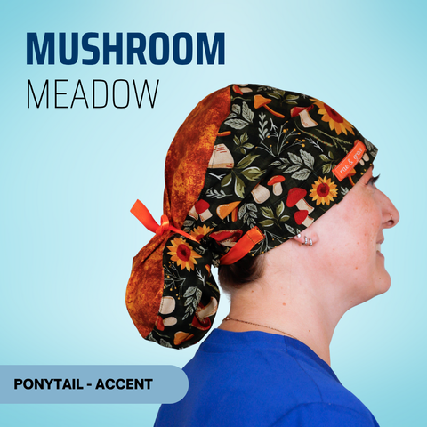 Mushroom Meadow - Scrub Cap - rae & grace - Ponytail - Accent Top