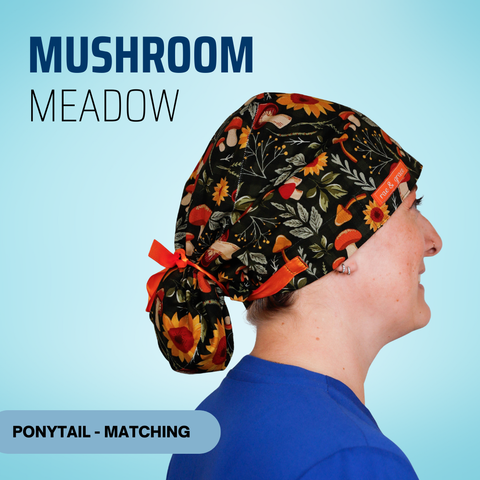 Mushroom Meadow - Scrub Cap - rae & grace - Ponytail - Matching Top