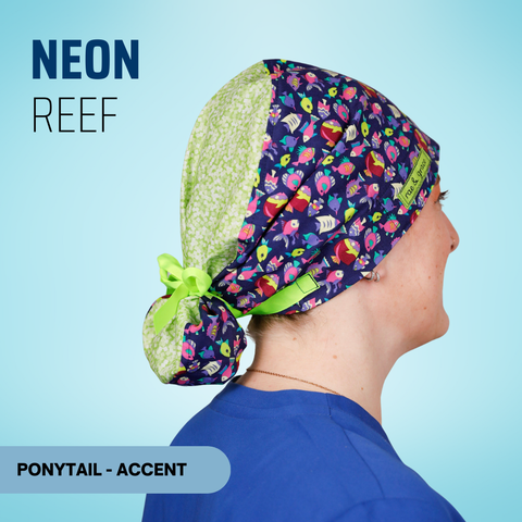 Neon Reef - Scrub Cap - rae & grace - Ponytail - Accent Top