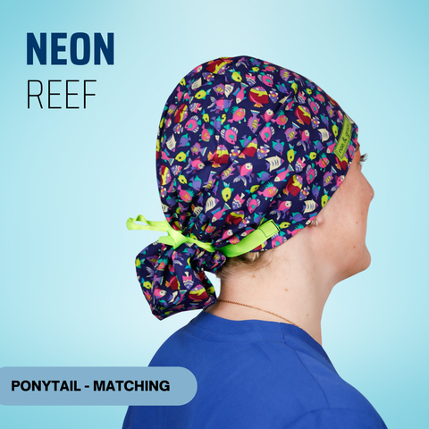 Neon Reef - Scrub Cap - rae & grace - Ponytail - Matching Top