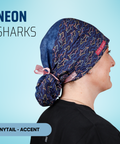 Neon Sharks - Scrub Cap - rae & grace - Ponytail - Accent Top