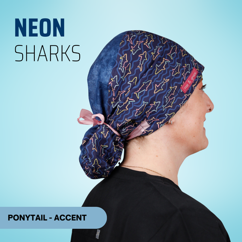 Neon Sharks - Scrub Cap - rae & grace - Ponytail - Accent Top