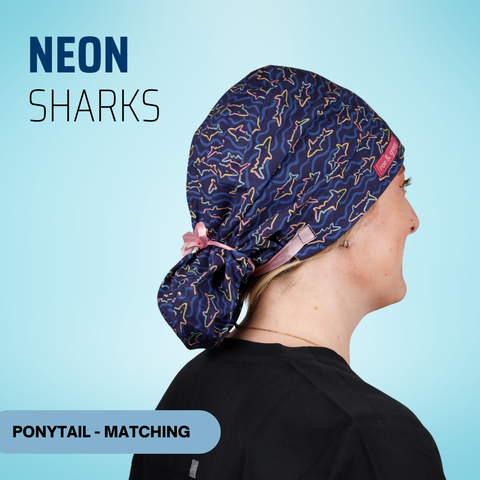 Neon Sharks - Scrub Cap - rae & grace - Ponytail - Matching Top