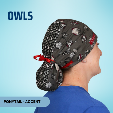 Owls - Scrub Cap - rae & grace - Ponytail - Accent Top