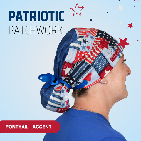 Patriotic Patchwork - Scrub Cap - rae & grace - Ponytail - Accent Top