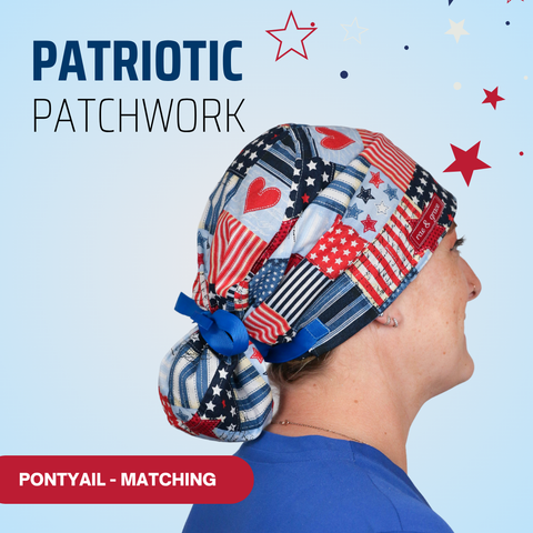 Patriotic Patchwork - Scrub Cap - rae & grace - Ponytail - Matching Top