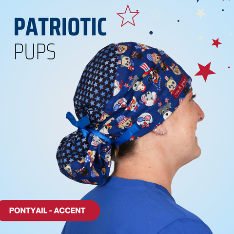 Patriotic Pups - Scrub Cap - rae & grace - Ponytail - Accent Top