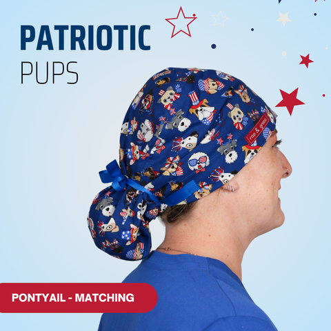 Patriotic Pups - Scrub Cap - rae & grace - Ponytail - Matching Top
