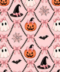 A repeating Halloween-themed pattern on a light pink background, featuring black beaded chains, pink bows, white ghosts, orange pumpkins, black witch hats, bats, spiderwebs, and small black dots.