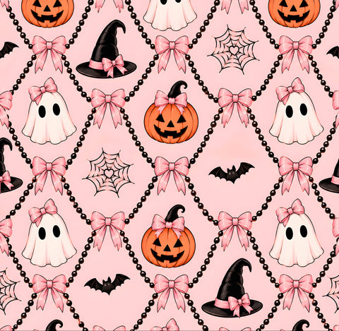 A repeating Halloween-themed pattern on a light pink background, featuring black beaded chains, pink bows, white ghosts, orange pumpkins, black witch hats, bats, spiderwebs, and small black dots.