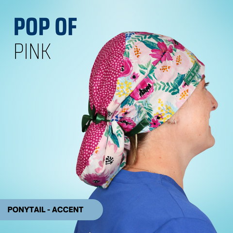 Pop Of Pink  - Scrub Cap - rae & grace - Ponytail - Accent Top
