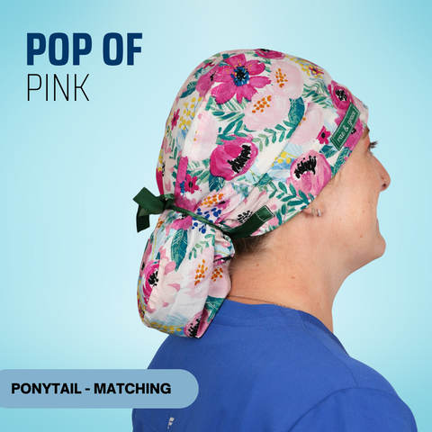 Pop Of Pink  - Scrub Cap - rae & grace - Ponytail - Matching Top