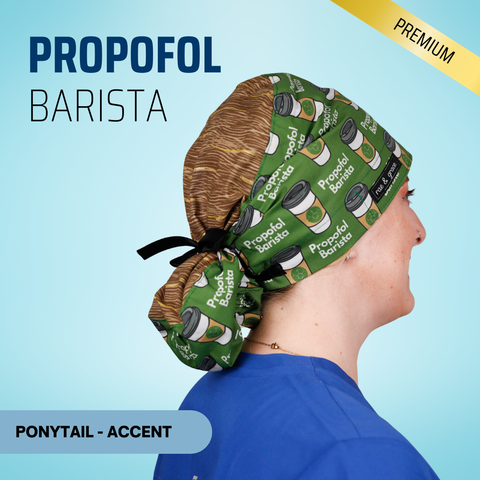 Propofol Barista - Scrub Cap - rae & grace - Ponytail - Accent Top