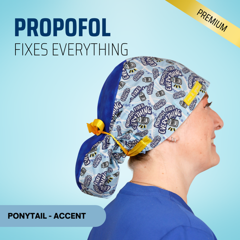 Propofol Fixes Everything - Scrub Cap - rae & grace - Ponytail - Accent Top