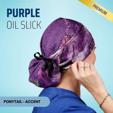 Purple Oil Slick - Scrub Cap - rae & grace - Ponytail - Accent Top