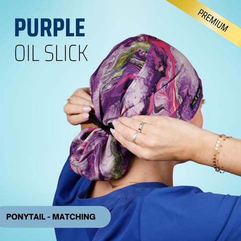 Purple Oil Slick - Scrub Cap - rae & grace - Ponytail - Matching Top