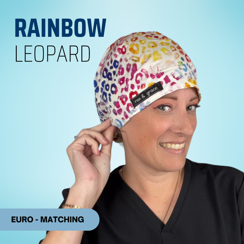 Rainbow Leopard - Scrub Cap - rae & grace - Euro - Matching Top