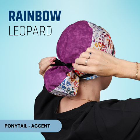 Rainbow Leopard - Scrub Cap - rae & grace - Ponytail - Accent Top