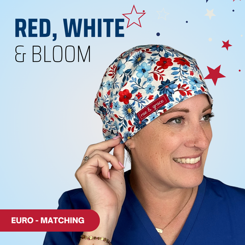Red White & Bloom - Scrub Cap - rae & grace - Euro - Matching Top