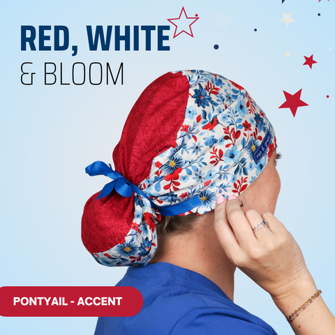 Red White & Bloom - Scrub Cap - rae & grace - Ponytail - Accent Top
