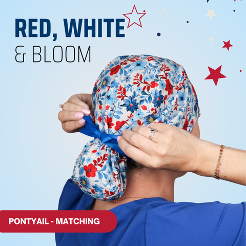Red White & Bloom - Scrub Cap - rae & grace - Ponytail - Matching Top