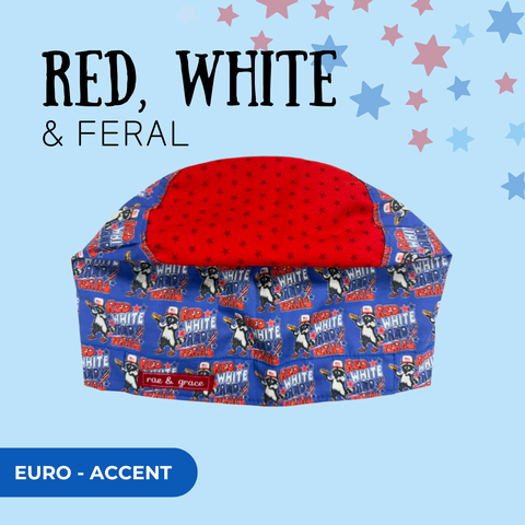 Red, White & Feral - Scrub Cap - rae & grace - Euro - Accent Top