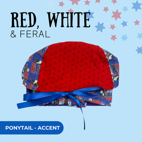 Red, White & Feral - Scrub Cap - rae & grace - Ponytail - Accent Top